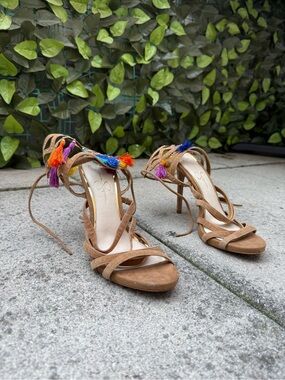 Suede Lace-Up Sandals with Colorful Tassels - Tan